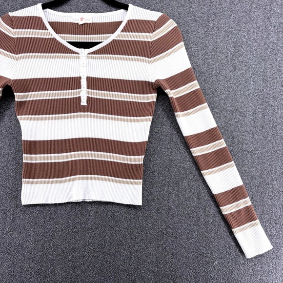 Vtg Y2k 90s Womens Striped Long Sleeve Henley Button Up Knit Top Milk Mesh Small - Picture 4 of 10